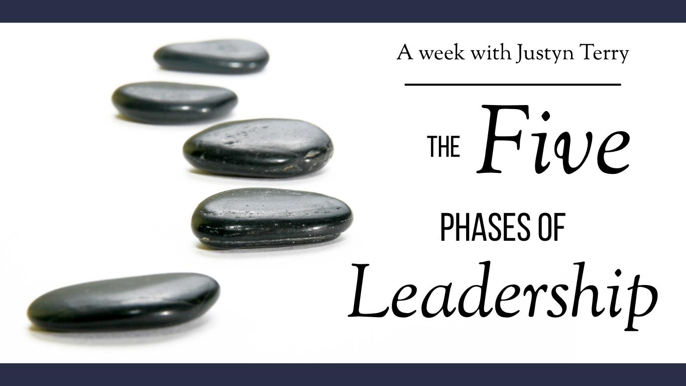 An image of a path of 5 black stones next to the text 'The Five Phases of Leadership'